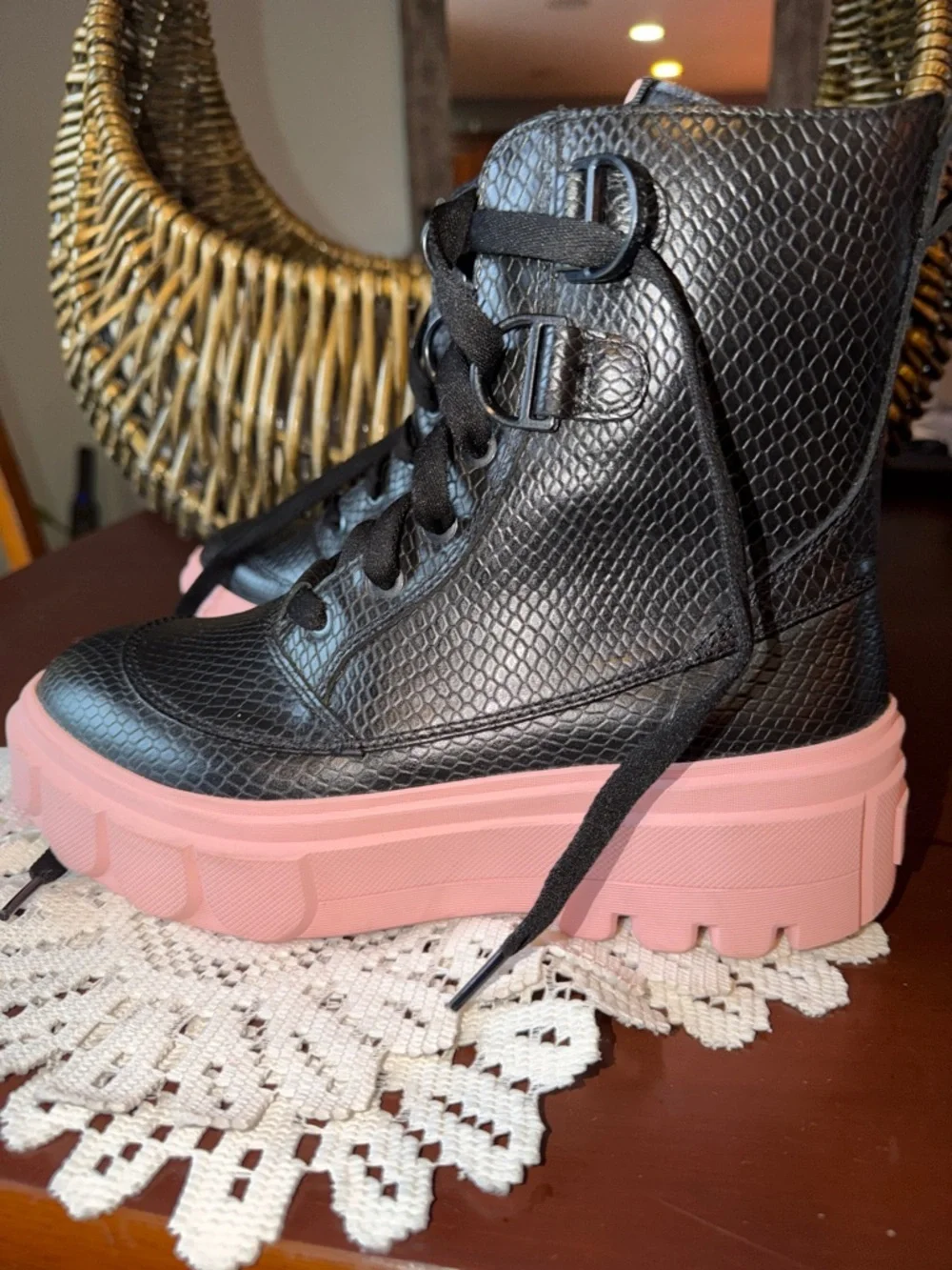 Sorel Black Faux-Snake Platform Sneakers with Pink Soles